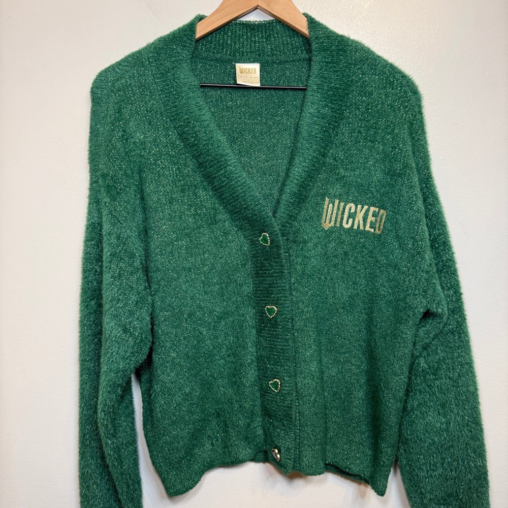 Wicked x Katie Kime Emerald Green Fuzzy Metallic Heart Button Cardigan Large - Picture 2 of 5
